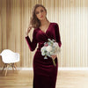 Lady Holiday Christmas Dress Elegant vintage velvet autumn Winter  V-neck long sleeve stretch waist length dress Party Dress