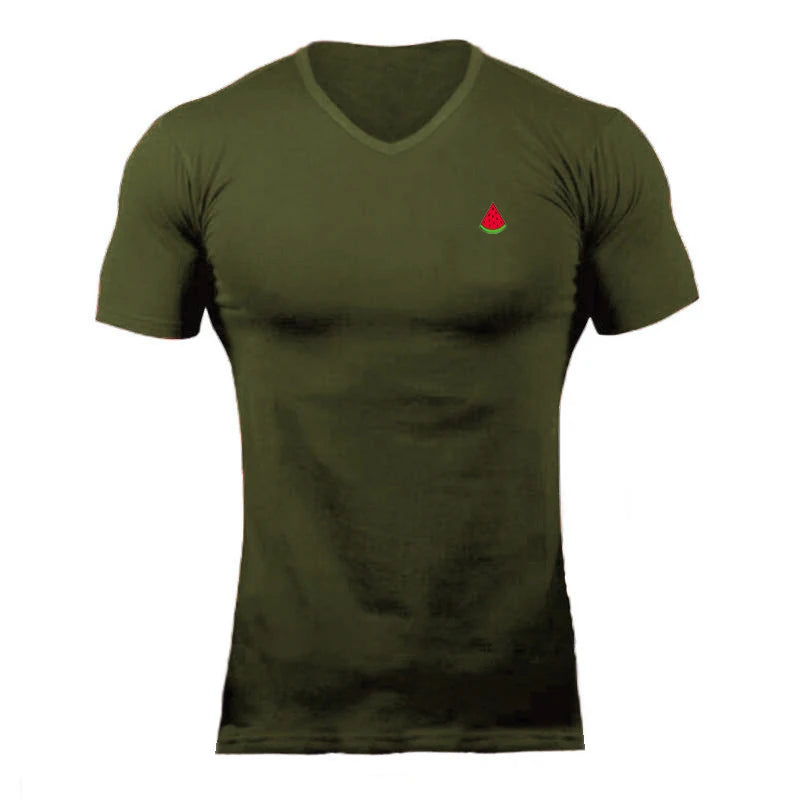 Sumemr Moisture Wicking Short Sleeve Cotton T-Shirt Men's V-Neck Slim Fit Shirt Fitness Bodybuilding Workout Tees Gym Clothing