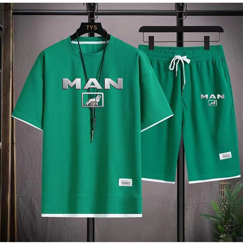 Mens Tracksuit T-shirt and Shorts Two Piece Set Truck Man Car Logo Men Sports Suit Fashion Breathable Sets