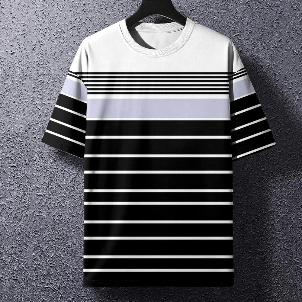 Summer Men's T-Shirt Stripe Print Crew Neck Pullover Business Casual Short Sleeve Tops Men's Casual Oversized Tees Fashion Tops