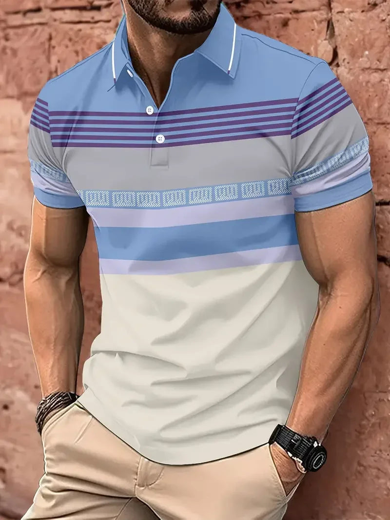 Men's Polo T-Shirt Streetwear Fashion Stripe Printing Summer New Short Sleeves Button Tops Oversized Casual Golf High-quality