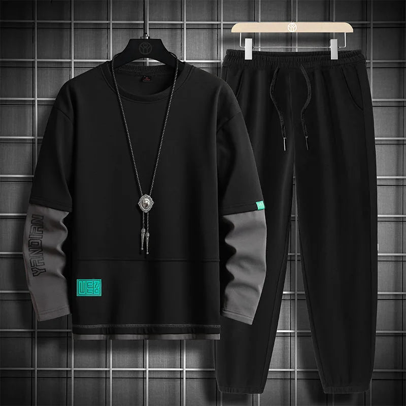 Spring and Autumn New Fashion Long-Sleeved T-shirt Set Men's Casual Relaxed Comfortable Breathable Sports Two-Piece Set