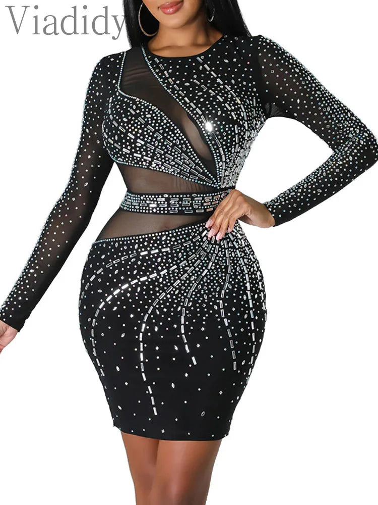 Sheer Mesh Rhinestone O-Neck Long Sleeve Skinny Party Dress