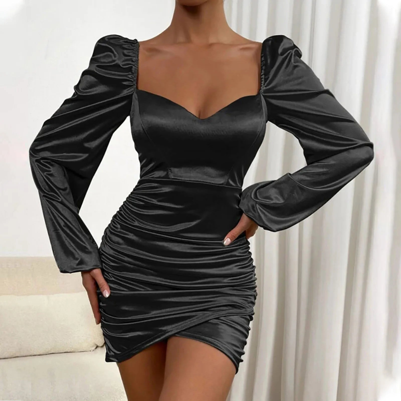 Elegant Evening Dress for Women Square Neck Long Puff Sleeve Low Back Solid Color Shirring Bodycon Short Dress Mini Party Dress