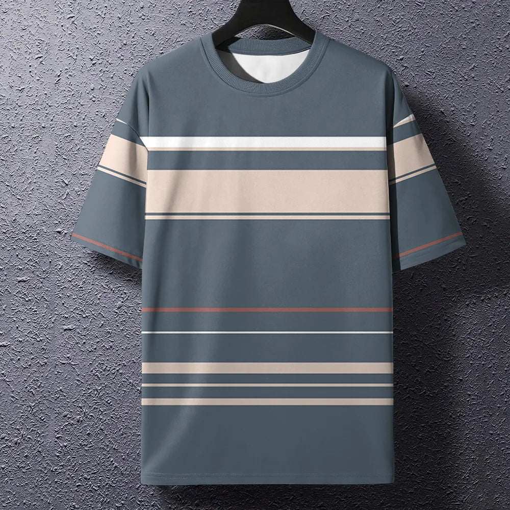 Summer Men's T-Shirt Stripe Print Crew Neck Pullover Business Casual Short Sleeve Tops Men's Casual Oversized Tees Fashion Tops