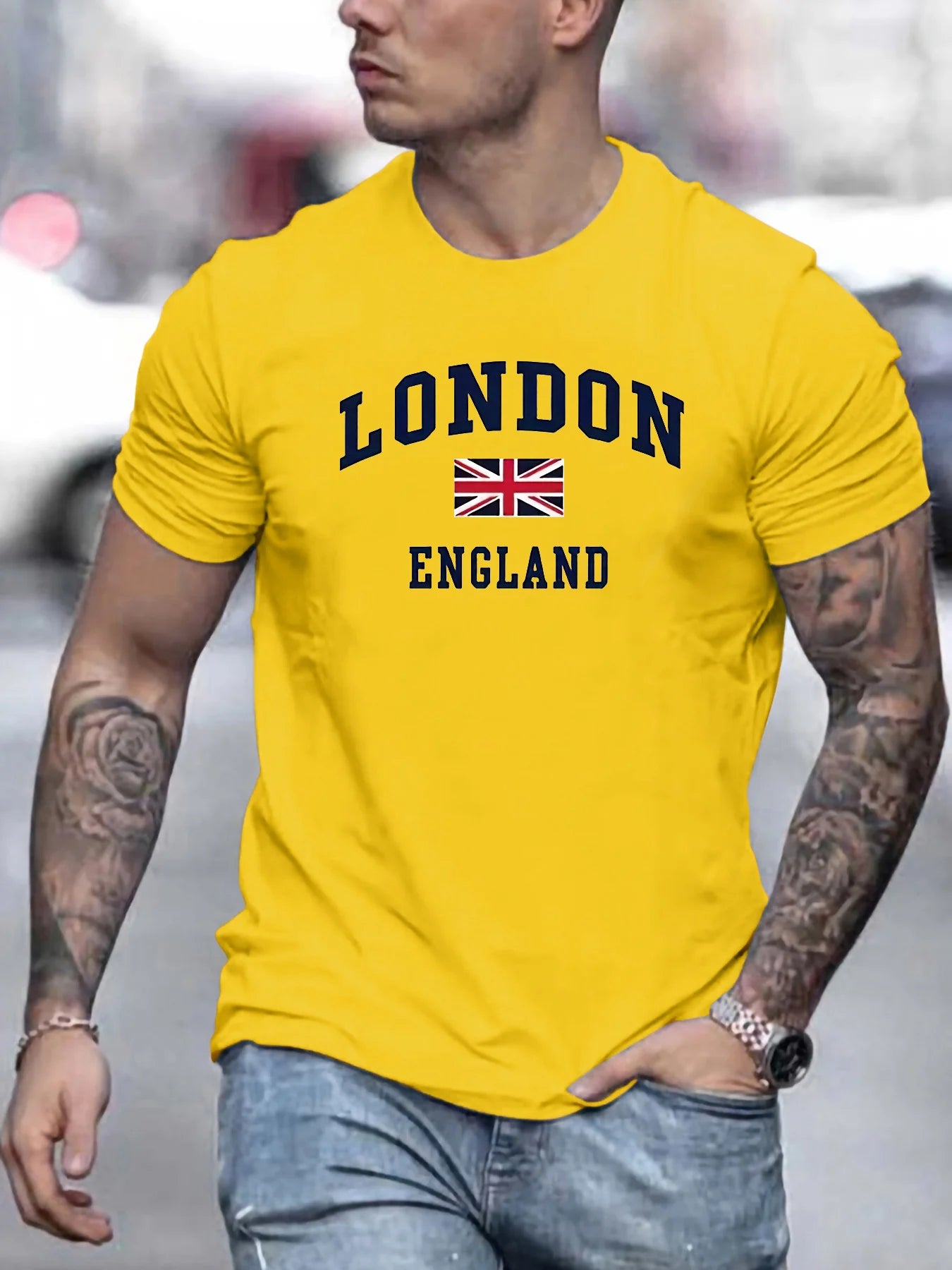 Summer men's 100% pure cotton casual loose fit plus size London England pattern printed round neck short sleeved T-shirt top