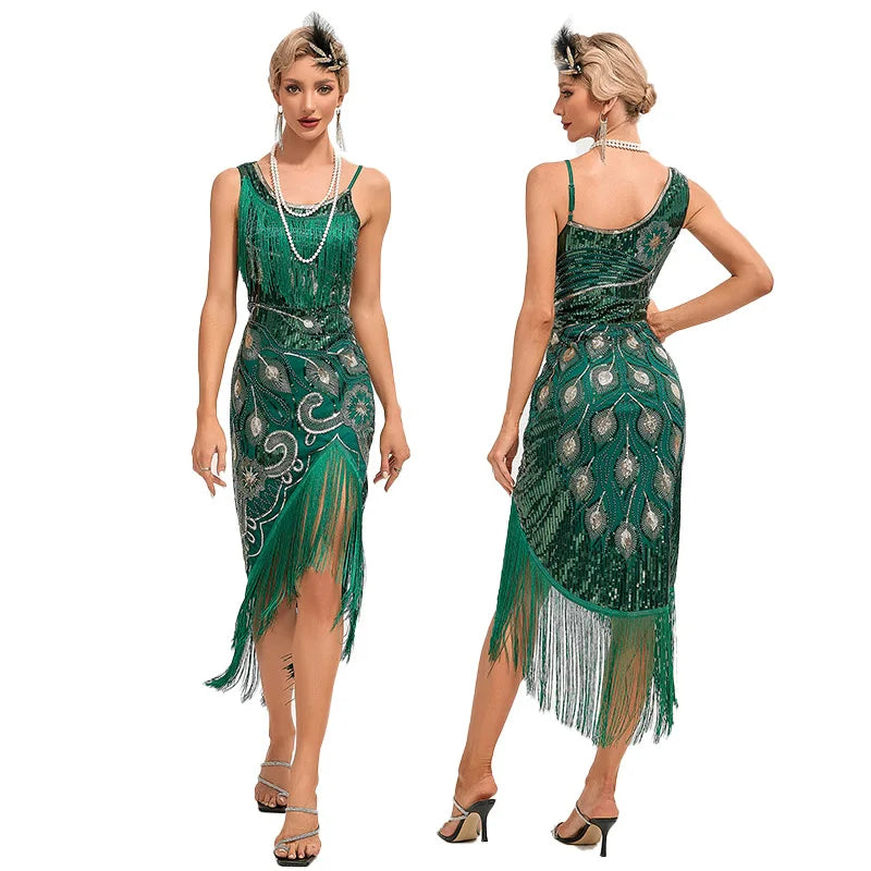 Sequin Dress 1920s Retro Tassel Peacock Pattern Dress Great Gatsby Cocktail Party Charleston Dance Dress Ball Long Evening Dress