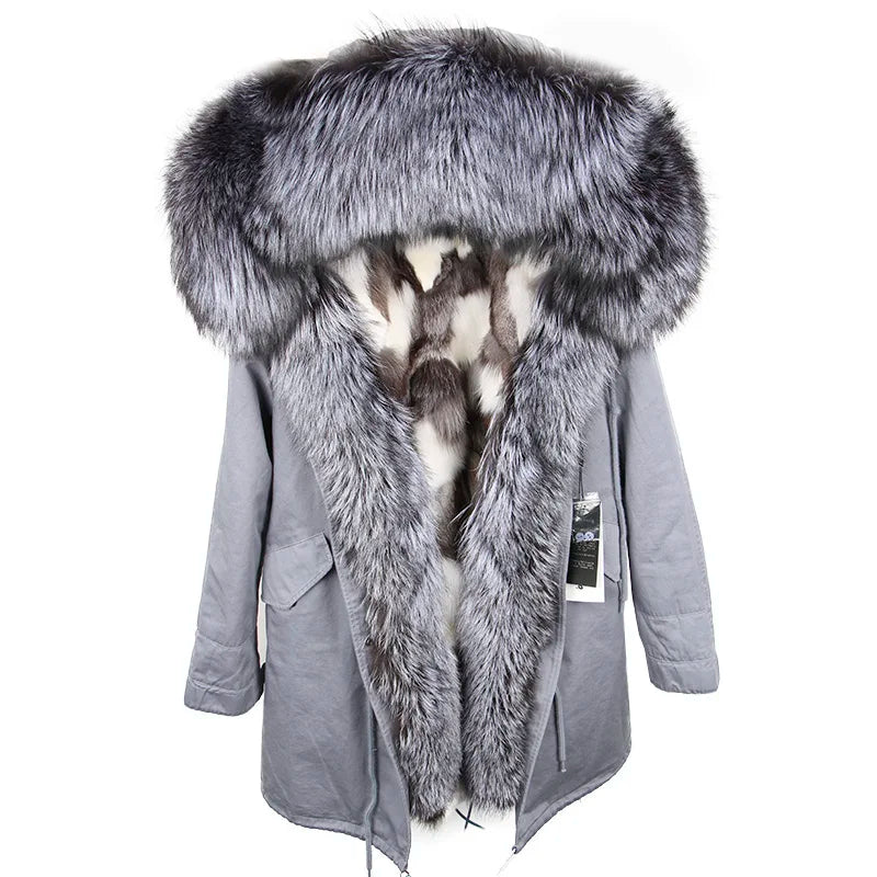 MAOMAOKONG Winter Women Real Fur Coat Fox Fur Liner Warm Jacket With Natural Fur Collar Silver Fox Big Collar Long Parkas