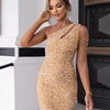 One Shoulder Cutout Allover Sequin Party Dress Women Sleeveless High Waist Evening Mini Dress Slim Sequined Solid Color