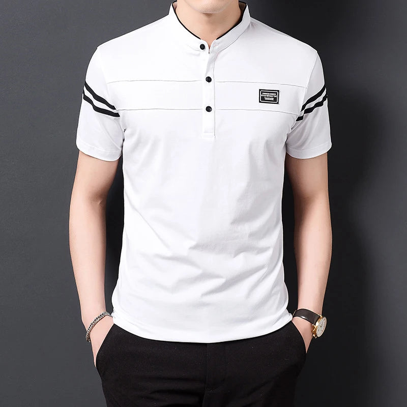 Men's Fashion Summer POLO T-shirt Casual Cotton Breathable Top Stand Up Neck Short Sleeve Korean Comfortable T-shirt