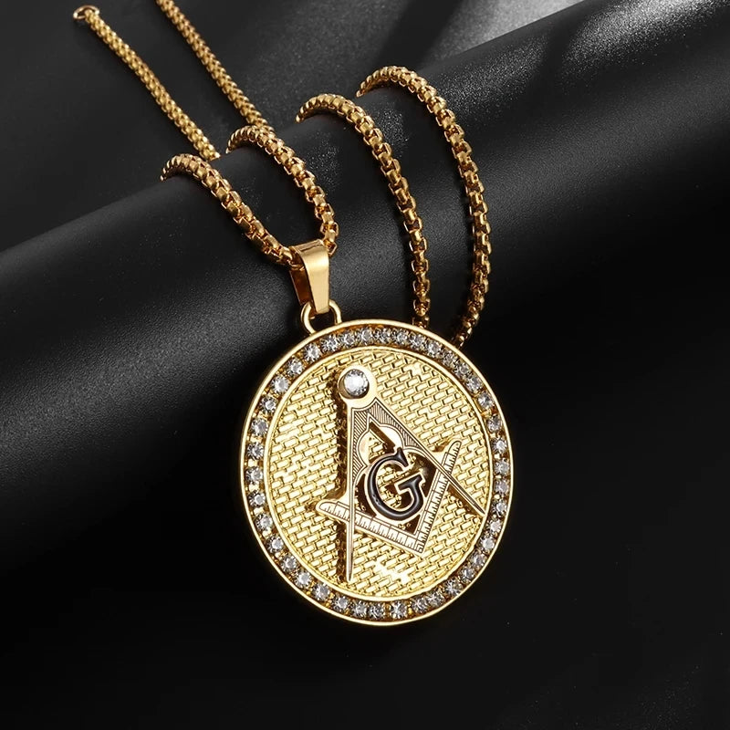 Men\\'s Classic Punk Gold Plated Freemason Round Medal Pendant Necklace Hip hop Style Rock Party Jewelry