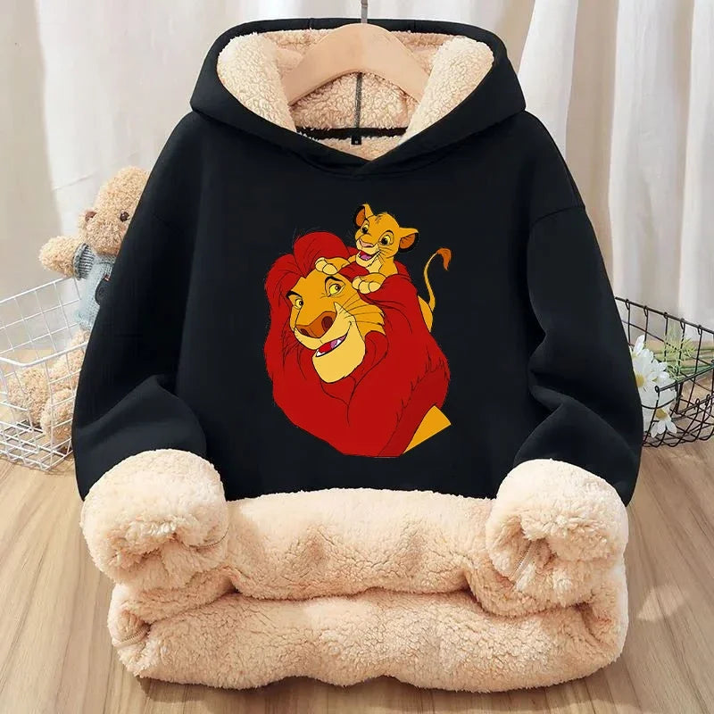 Mufasa Lion King Baby Sweatshirt Thickened Fleece Hoodie Boys Child's Anime Long Sleeve Winter Warm Cashmere Hooded Tops Clothes