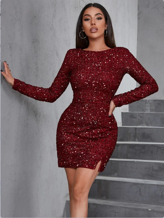 D&M Sexy Backless Bodycon Dress Long Sleeve Sequins Elegant Party Dresses Women Mini Dresses