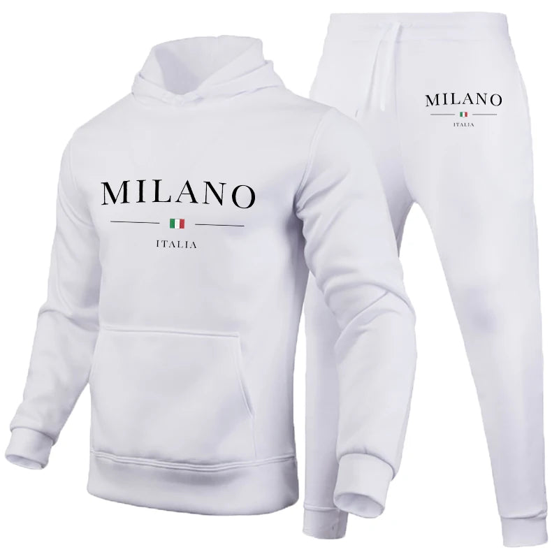 Men's Luxury Hoodie Set Milano Print Sweatshirt Sweatpant for Male Hooded Tops Jogging Trousers Suit Casual Streetwear Tracksuit