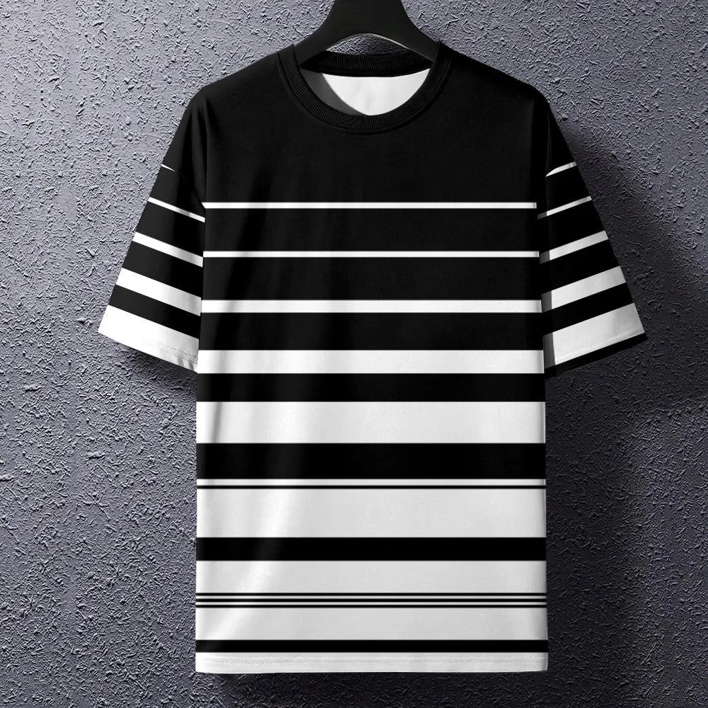 Summer Men's T-Shirt Stripe Print Crew Neck Pullover Business Casual Short Sleeve Tops Men's Casual Oversized Tees Fashion Tops