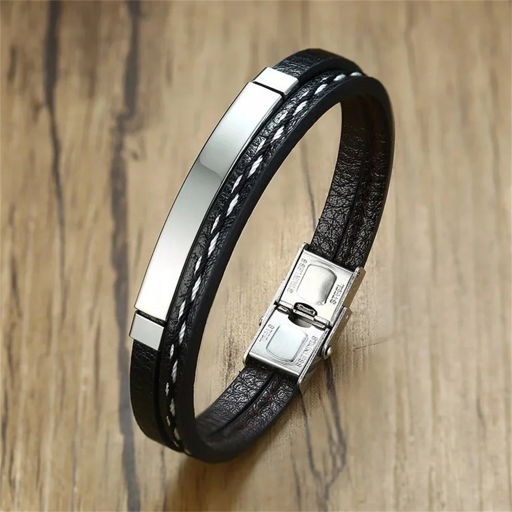 2024 Trendy Men Leatherwear Weave Bracelet Leisure Color Contrast Stainless Steel Bangle