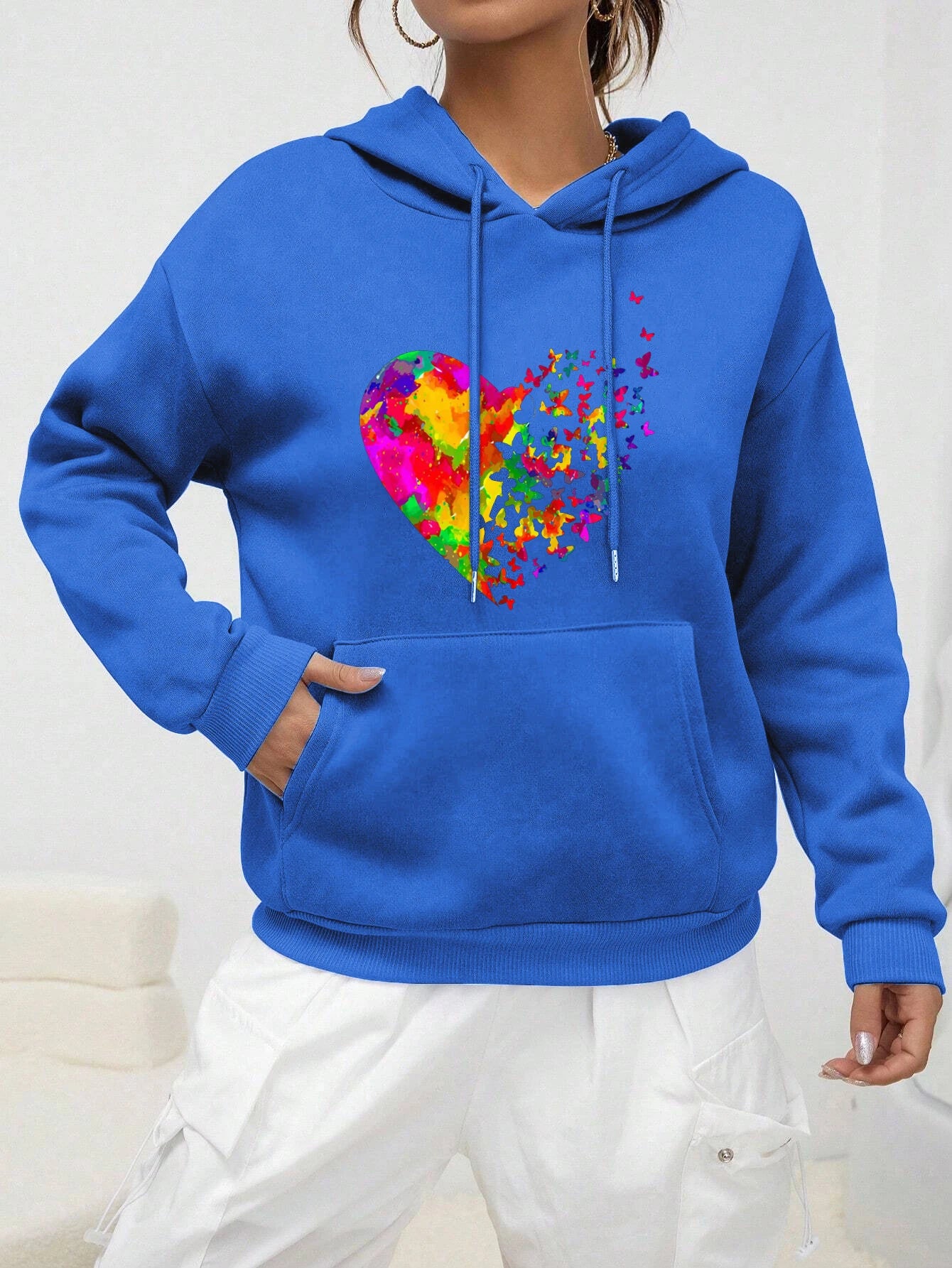 Colorful Butterfly Heart Print Clothing Female Fashion Loose Hoodies Harajuku Fleece Sweatshirt New Autumn Pocket Womenwear