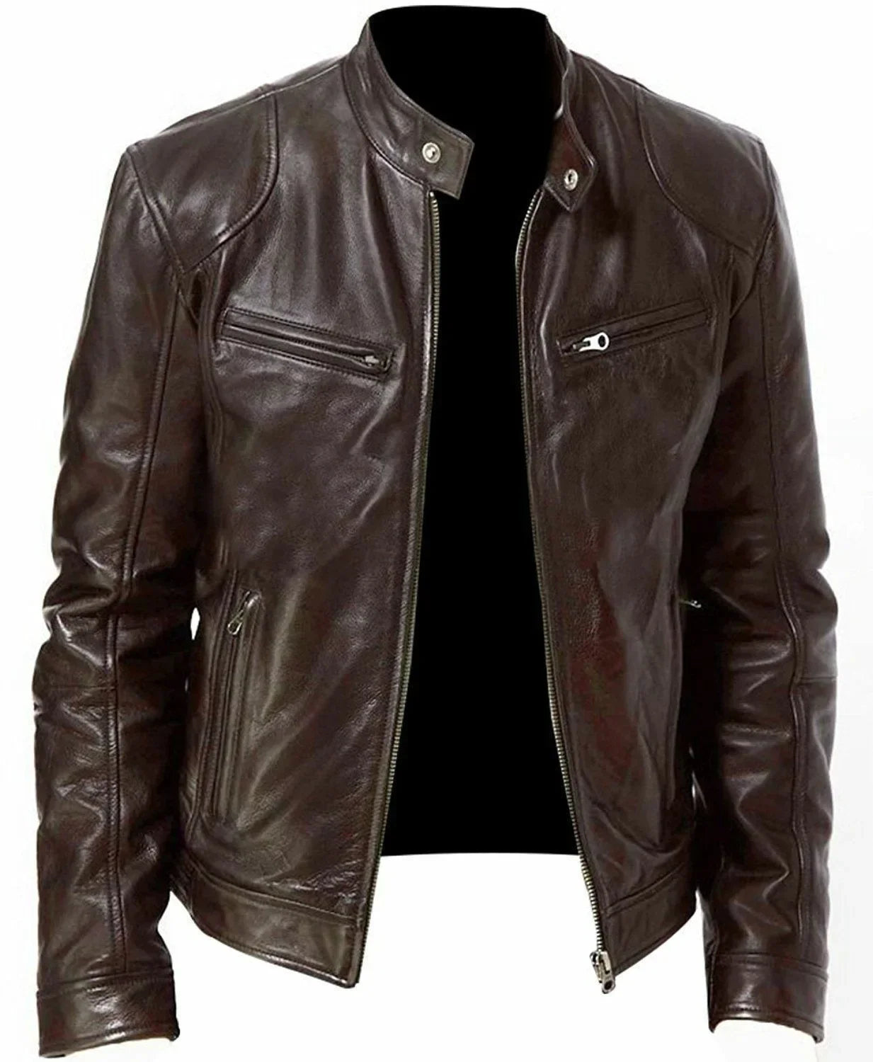 Mens Motorcycle Leather Jacket Slim Fit Short-Coat Lapel PU Jackets Autumn New Zipper Stand Windproof Leather Coat Mens Clothing