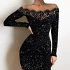 Elegance, Leisure, Sexy Long sleeved Lace Edge, One Shoulder Silver Powder Sprinkled Dress