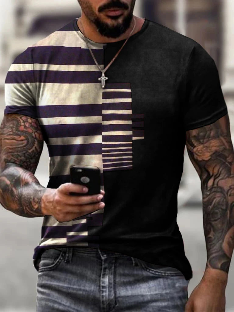 Vintage Men's T Shirts Personality Color Stripe Printed Fashion  O-Neck Short Sleeve Oversized t shirt  Breathable Streetwear