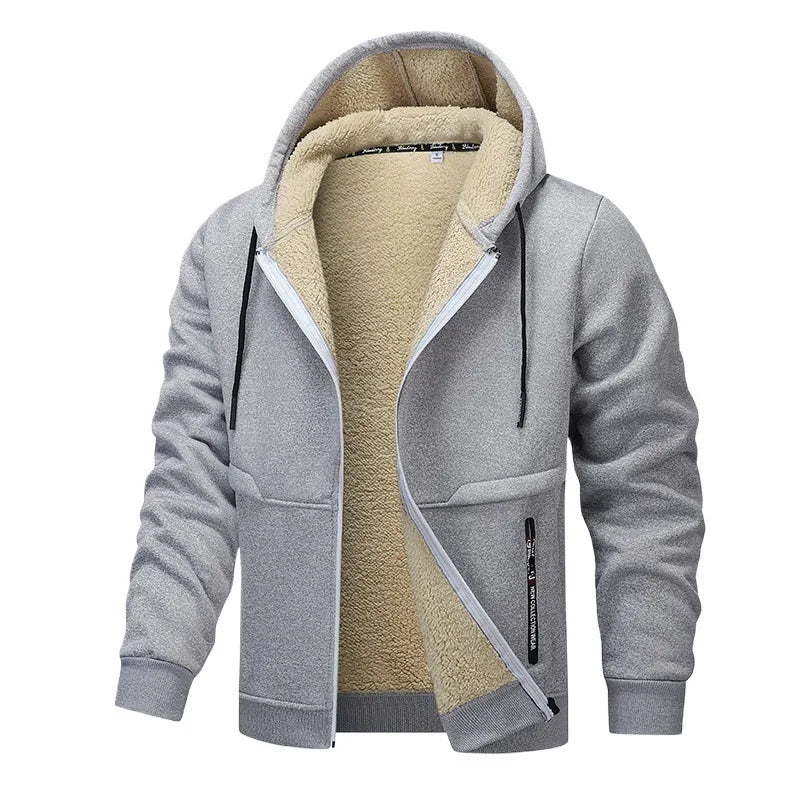 Men's Hoodie Zip Up Warm Overcoat Oversized Lined Drawstring Hoodie Solid Color Plush Thickened Winter Sweater Coat For Men