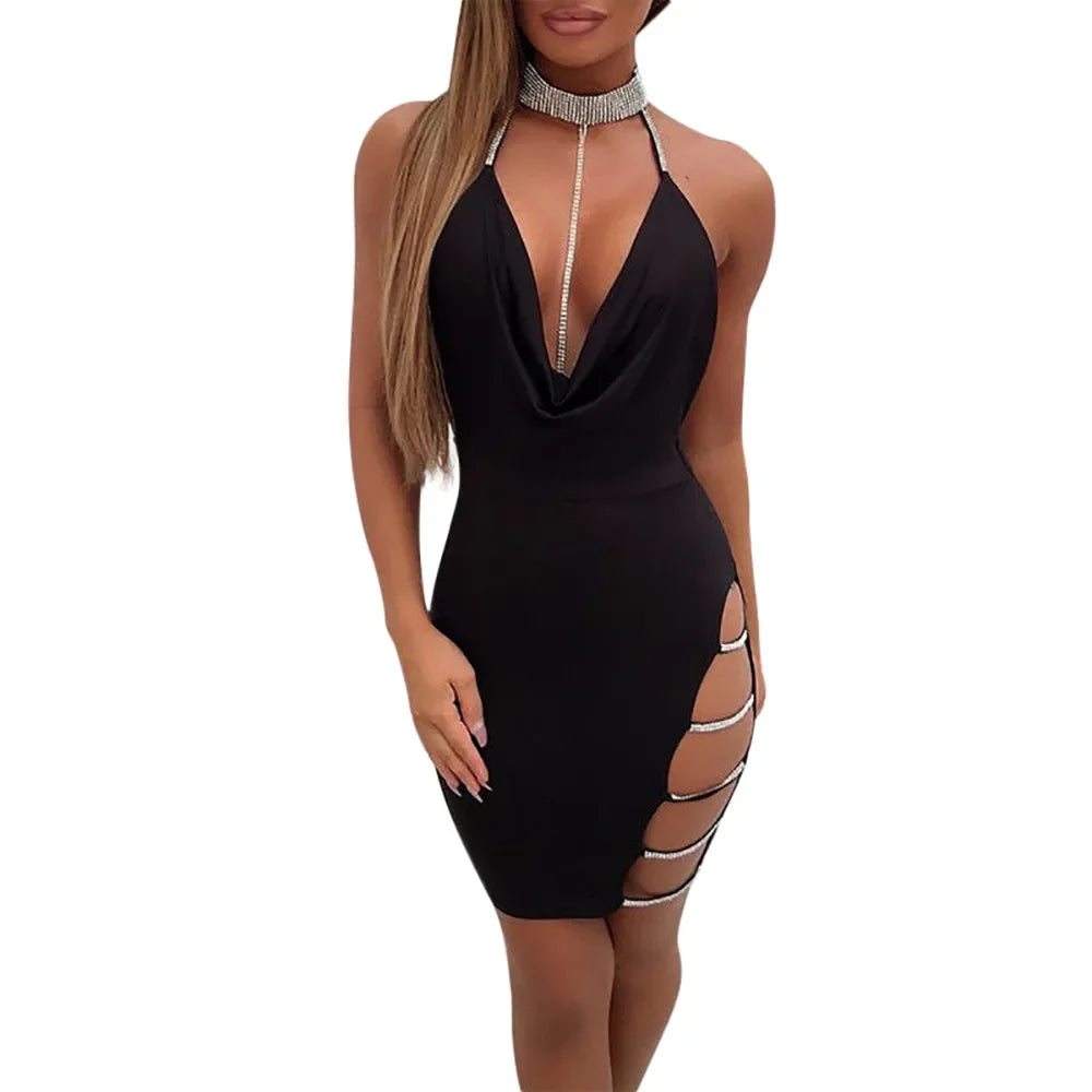 Sexy Women's Bandage Chooker Bodycon Dress V Neck Sleeveless Hollow Out Vestidos Ladies Evening Party Club Mini Sheath Dresses