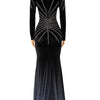 Women Sexy Velvet Mesh Rhinestone V-Neck Floor-Length Evening Party Dress Long Sleeve Back Zipper Mermaid Dresses