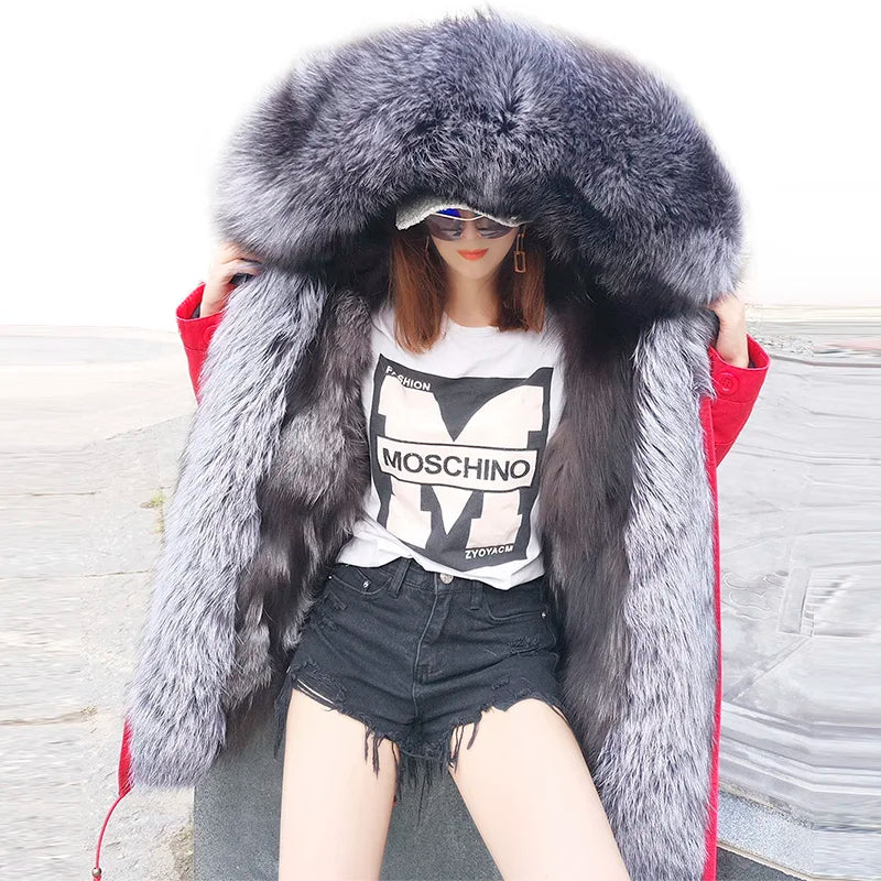 MAOMAOKONG Winter Women Real Fur Coat Fox Fur Liner Warm Jacket With Natural Fur Collar Silver Fox Big Collar Long Parkas