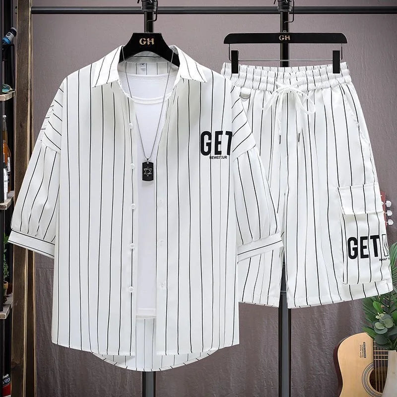 Summer Fashion Striped Plus-Size Short-Sleeved Shirt Set Men's Casual Relaxed Breathable High-Quality Two-Piece Set M-8XL