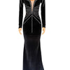 Women Sexy Velvet Mesh Rhinestone V-Neck Floor-Length Evening Party Dress Long Sleeve Back Zipper Mermaid Dresses