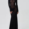 Women See Through Bodycon Long Dress Long Sleeve Mesh Sheer Maxi Dress Cross Tie Up Backless Club Party Dress Maxi Dress