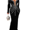 Women Sexy Velvet Mesh Rhinestone V-Neck Floor-Length Evening Party Dress Long Sleeve Back Zipper Mermaid Dresses