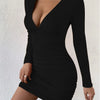 Sexy Pleated Bodycon Dress, Casual Long Sleeve V-neck Waist Fall Winter Dresses, Women's Clothing