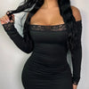 Solid Slim Lace Trim Off Shoulder Long Sleeve Black Short Dress Women Elegant Sexy Party Dresses