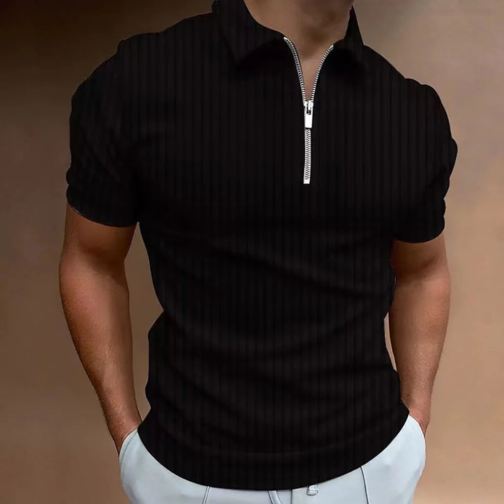 New Mens Fashion Polo Shirt Summer Stripe Zipper Mens Polo Shirt Solid Color T-shirt Brand Short Sleeve Shirt Casual SlimmingTop