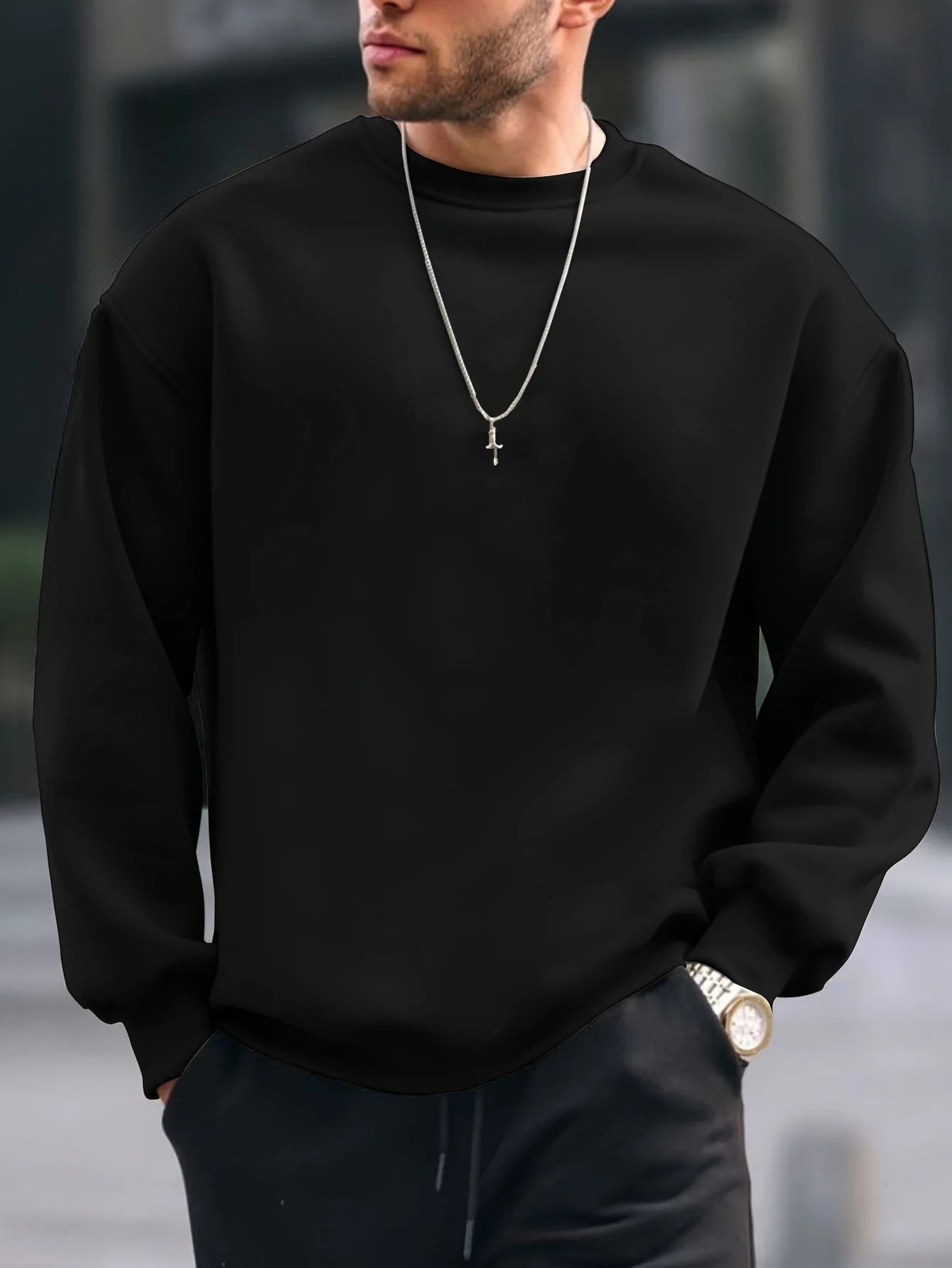 Men's autumn and winter fashionable casual loose and simple letter printed fleece pullover round neck long sleeved sweatshirt