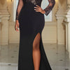 Plus Size Formal Knitted Black V Neck Long Sleeve Split See Through Lace Maxi Dresses