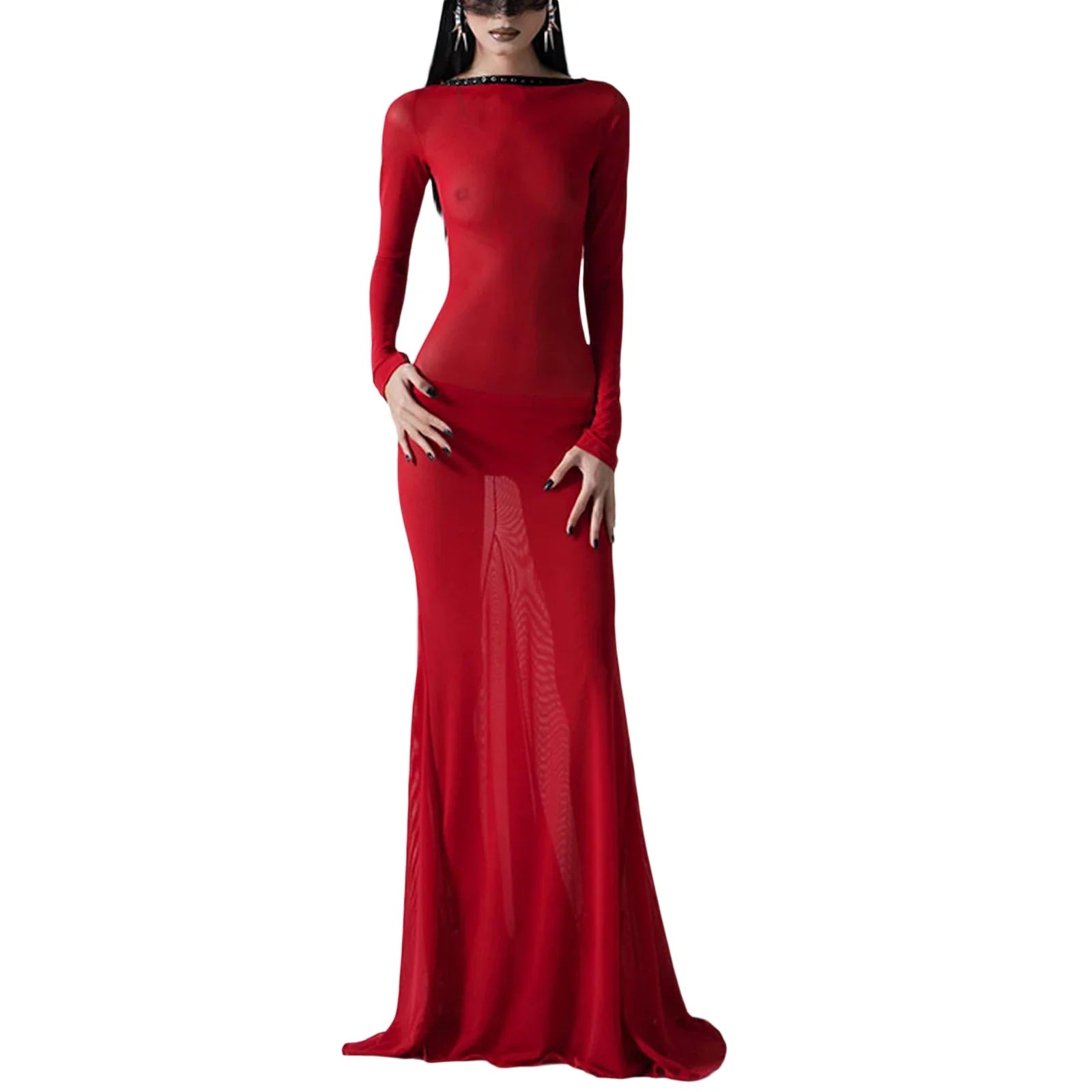 Women See Through Bodycon Long Dress Long Sleeve Mesh Sheer Maxi Dress Cross Tie Up Backless Club Party Dress Maxi Dress