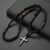 Obsidian Tiger-eye Beaded Necklace with Hematite Cross Pendant