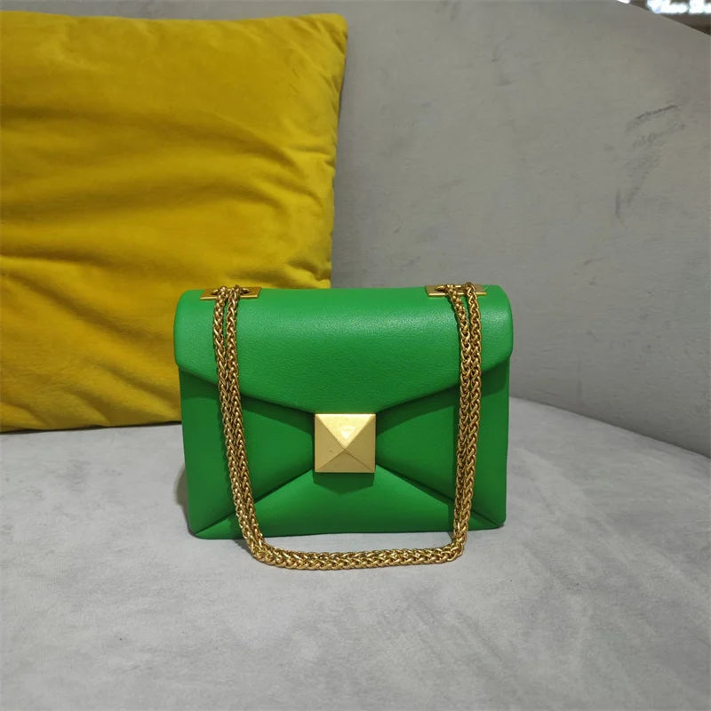 Cowhide Bag Luxury Designer Leather Handbag Golden Big Rivet Chain Shoulder Small Purse Fashion Green Tote Bag Crossbody Women