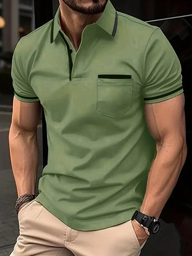 Men's casual fashion solid color short sleeve top lapel men's short sleeve T-shirt Casual fashion solid color top short sleeve