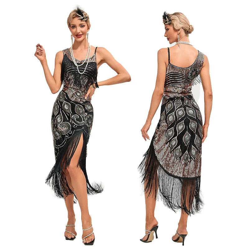 Sequin Dress 1920s Retro Tassel Peacock Pattern Dress Great Gatsby Cocktail Party Charleston Dance Dress Ball Long Evening Dress