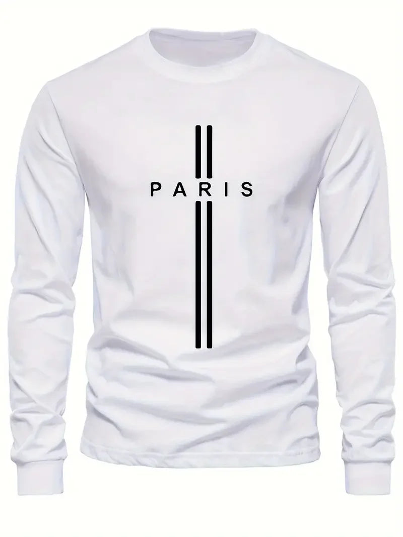 PARIS letter print men's T-shirt spring and autumn casual simple and comfortable round neck long sleeved sport T-shirt men's top