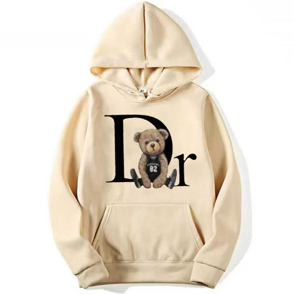 Autumn Winter Neutral Letter Bear Printed Hoodie Men's Casual Hoodie Loose Street Wear Skateboarding Single Color Man Clothing