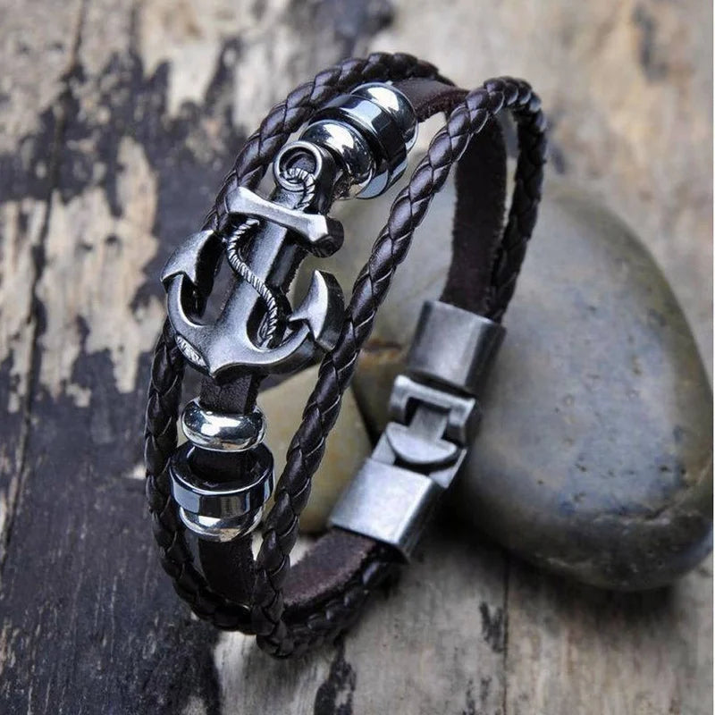 Trendy Multilayer Leather Braided Bracelets Anchor Viking Men's Bracelet Jewelry New Fashion Vintage Punk Accessorie Party Gifts