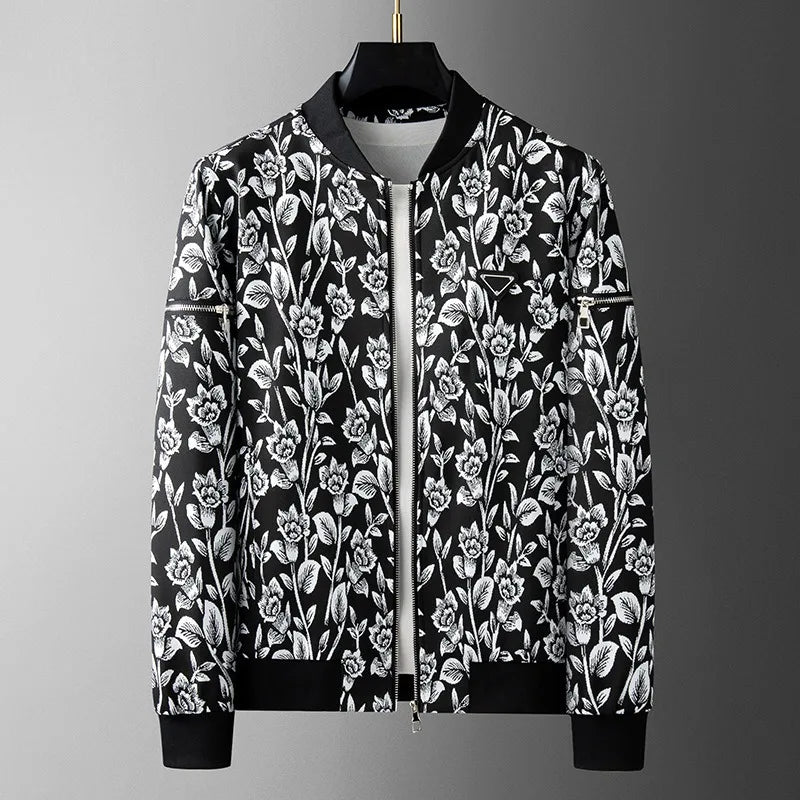 Minglu Floral Jacquard Men's Jackets High Quality Stand Collar Zipper Spring Autumn Casual Male Coats Fashion Man Outerwear 4XL