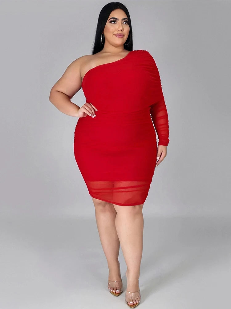 Woman Even Dress Chic and Elegant Plus Size Dresses Mesh One Shoulder Long-sleeve Sexy Short Dress Wholesale Bulk Dropshipping