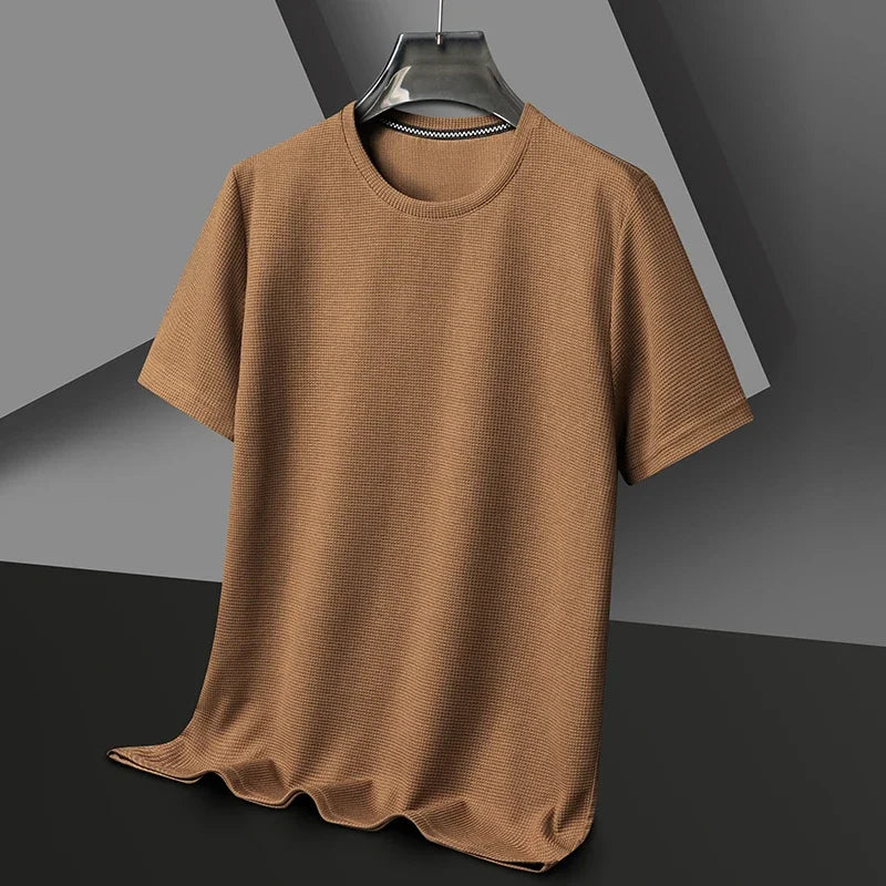 Men's New Waffle Round Neck Short Sleeved T-shirt Summer Comfortable Top