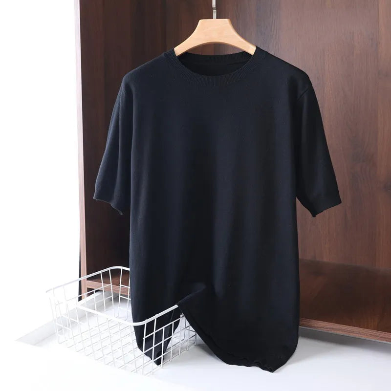 Superfine Merino Cashmere T Shirt Men's Knitted O-neck Breathable Thin Cashmer Short Sleeve Tee Solid Color Tops Tee