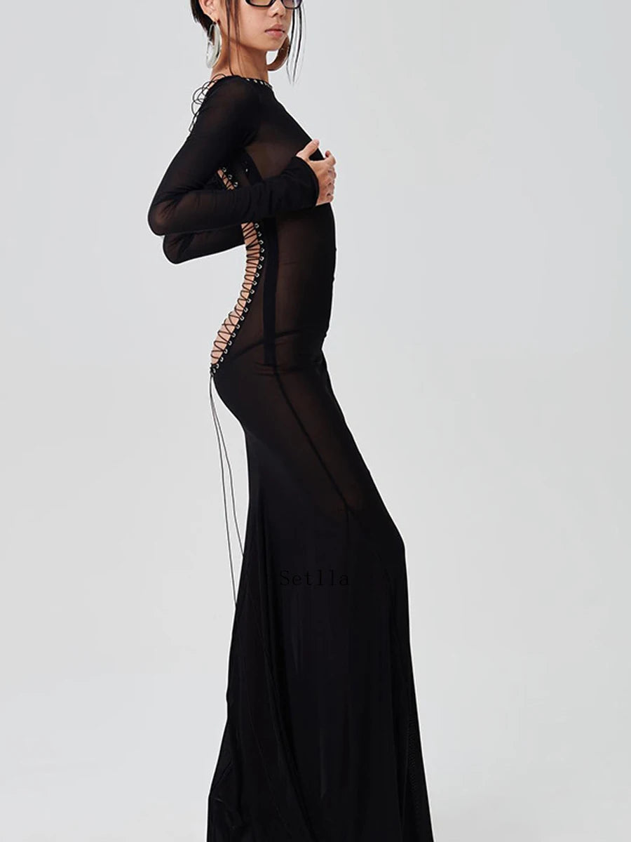 Women See Through Bodycon Long Dress Long Sleeve Mesh Sheer Maxi Dress Cross Tie Up Backless Club Party Dress Maxi Dress